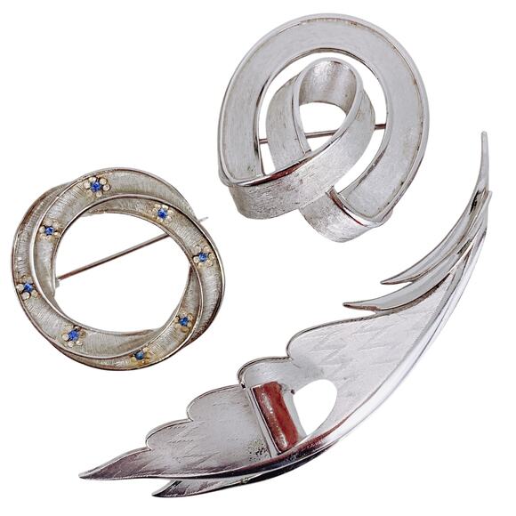 VTG Signed Trifari Coro BSK Silver Tone Brooch Lot Mid Century Rhinestone PinSet - Picture 1 of 16
